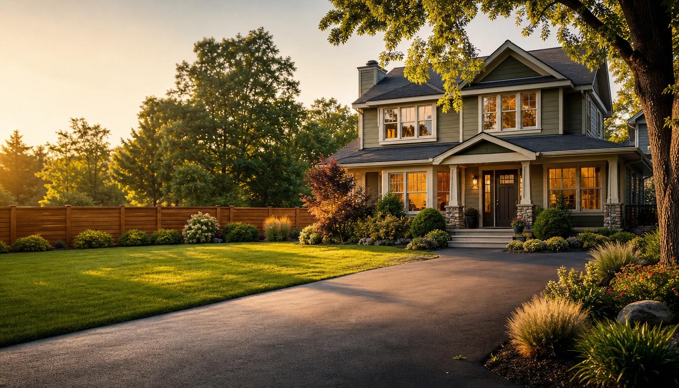 Beautifully maintained home with lawn, trees, and fence